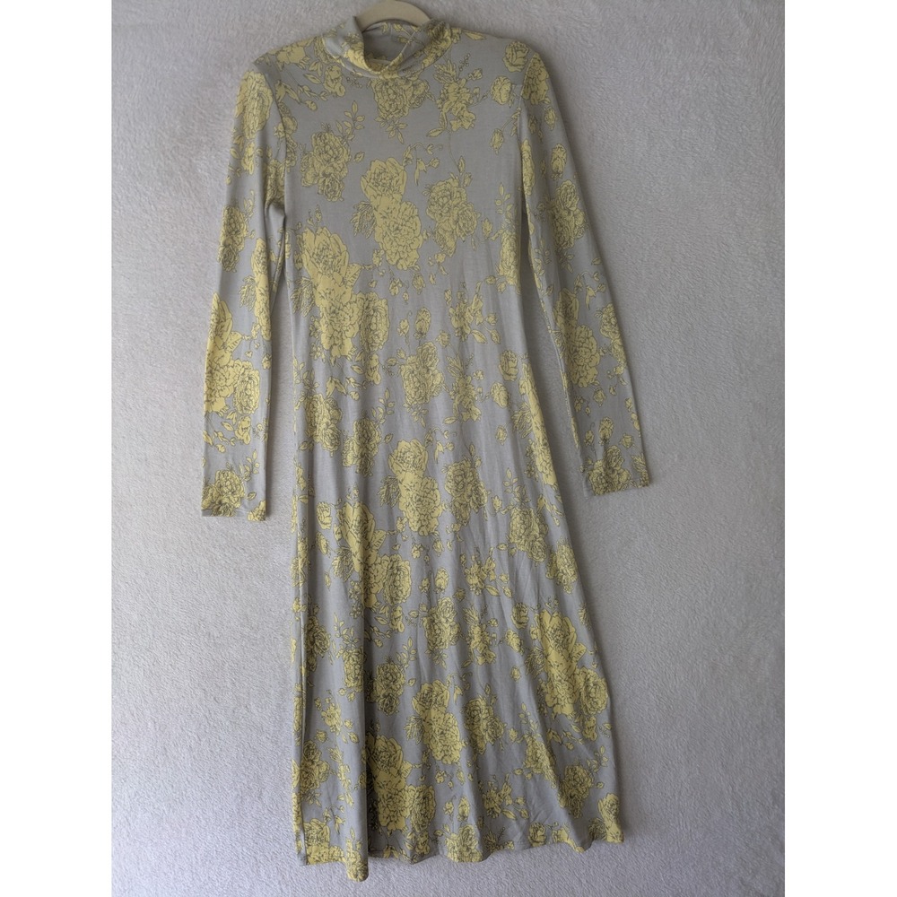 Bucket List Midi Dress Women's Size S Grey Yellow Floral Mock Neck Long Sleeve